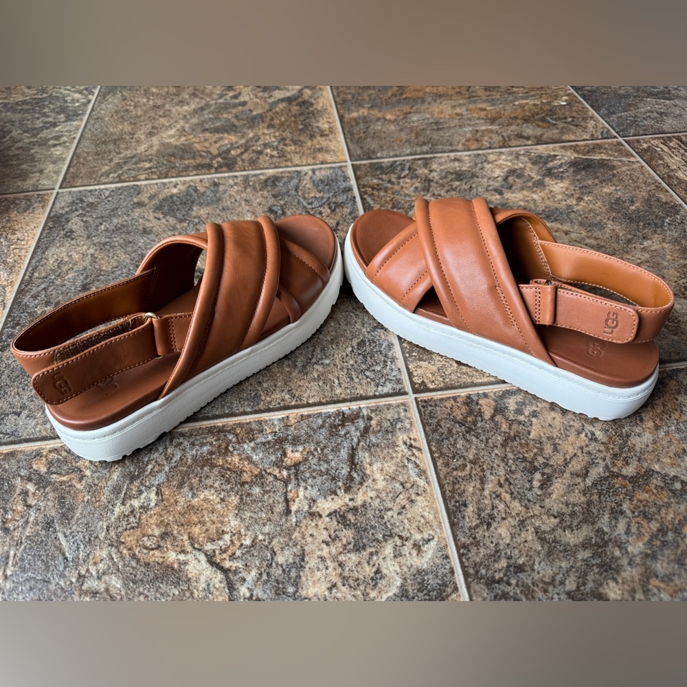 UGG Zayne Slingback Platform Criss Cross Strap Leather Sandals- Tan, Women’s 6